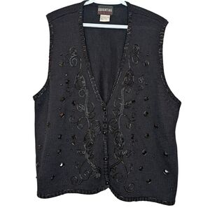 Vintage Beaded Knit Vest 3X Black Wool Blend Y2K Plus Size